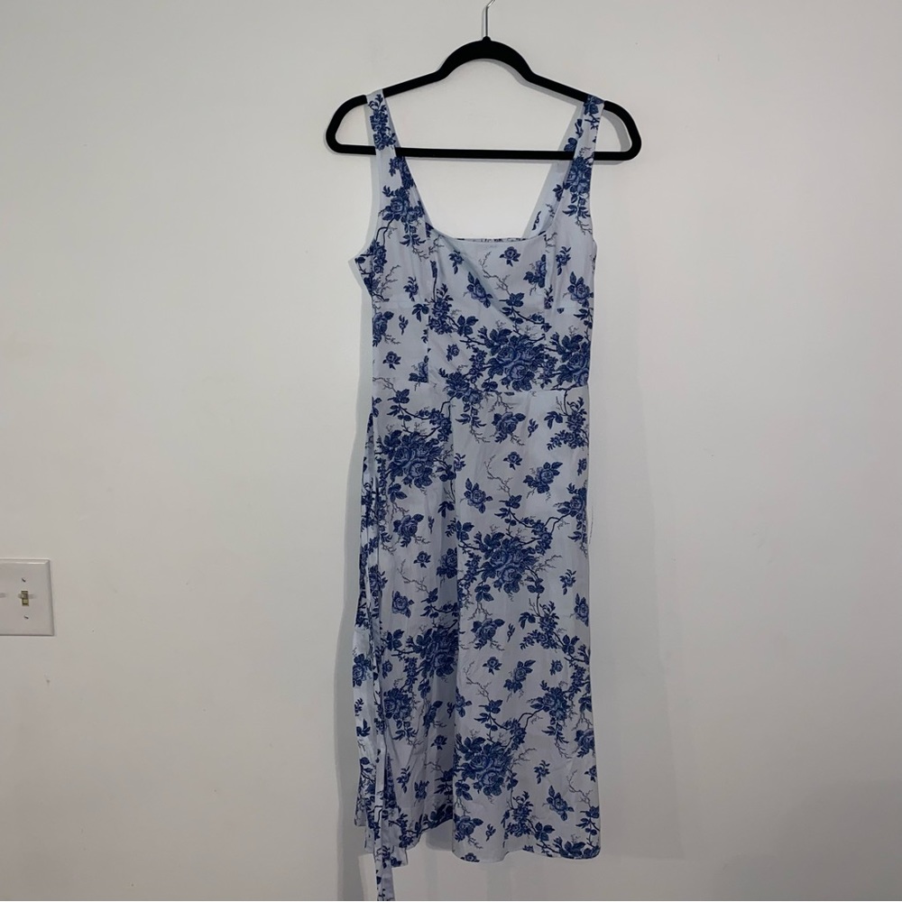 Banana Republic Women's Blue + White Poplin Square-Neck Smocked Back Midi Dress